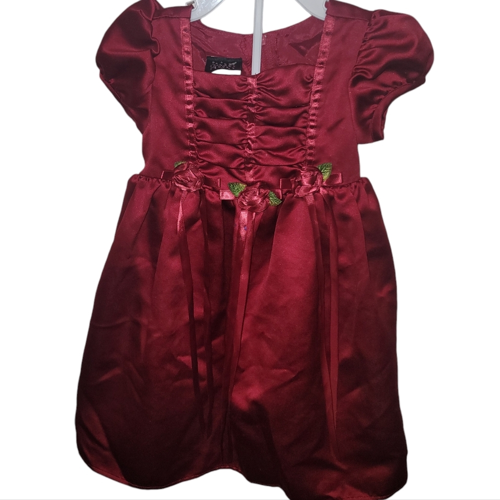 Jenny Annie Dots Toddler Girls 3T Burgundy Party Dress Belted Roses Ribbon Bows